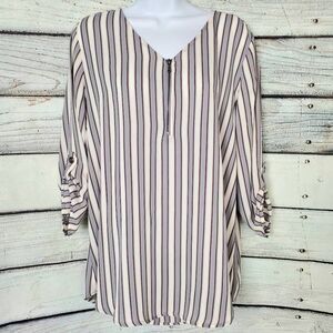 Maurices Women’s Blouse L Gray Burgundy Striped Long Sleeve Zip Front